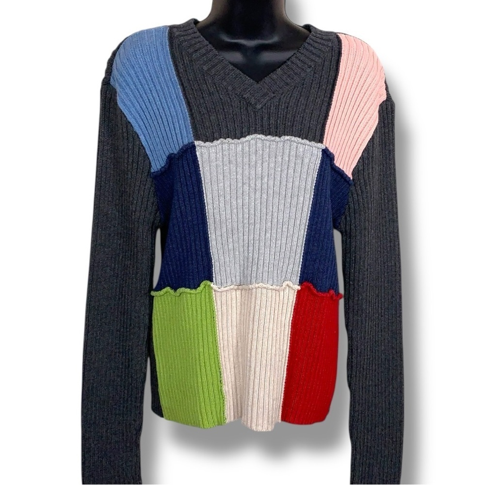 Vintage Large Liz Claiborne Patchwork Style Sweater Long Sleeve Knit Vneck Grey
